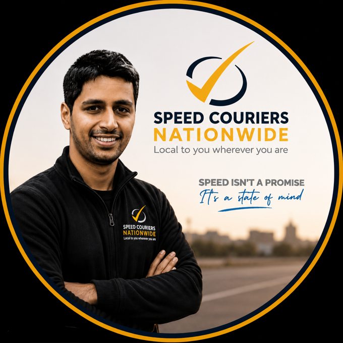 Asif Vali in Speed Couriers branded clothing